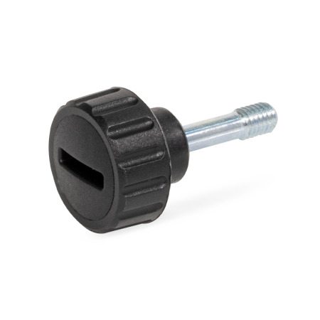 GN 592.2 Rändelschrauben, Kunststoff, Gewindezapfen Stahl / Edelstahl, mit dünnem Schaft zur Verliersicherung