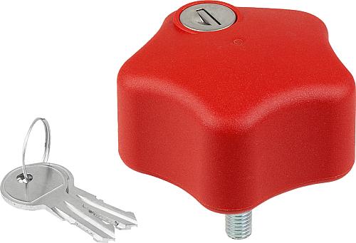 FÜNFSTERNGRIFF ABSCHLIEßBAR, D1=68 M10X20, KUNSTSTOFF ROT, KOMP:STAHL